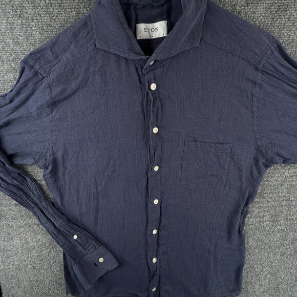 Eton CHELSEA Soft Dark Blue Medium Slim Long Sleeve Button Up Shirt Men Cotton - Picture 1 of 16